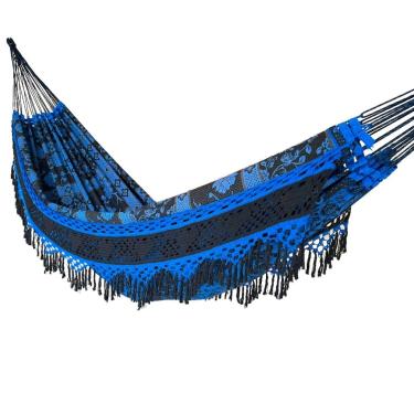 Imagem de Rede de Dormir Casal Indiana Artesanal 100% Algodão Luxo 4,20m – Rede de Descanso Reforçada para Varanda e Jardim(AZUL PRETO PREMIUM)