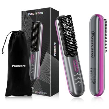 Imagem de Pourcare Escova Alisadora De Cabelo Sem Fio, Mini Pente Quente Portátil Para Viagem, 3 Configurações Temperatura 320 °F A 392 °F, Aquecimento Rápido 20 Segundos, Bateria Recarregável 5000 Mah, Íons
