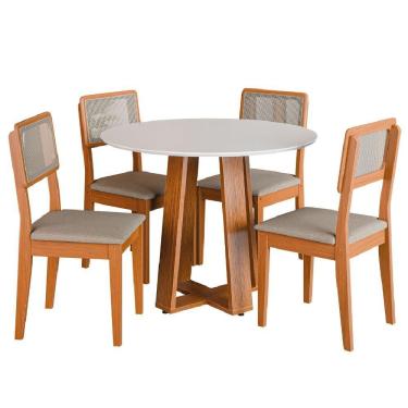 Imagem de Conjunto Sala De Jantar Mesa Athenas Redonda 4 Cadeiras Santiago Dobuê Madeirado Off White