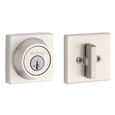 Imagem de Kwikset Conjunto de maçaneta e fechadura quadrada da porta da frente série 660, maçaneta de entrada externa com maçaneta interna, níquel acetinado, segurança de fechadura SmartKey Rekey resistente a