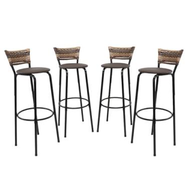 Imagem de Kit 4 Banquetas Altas 80cm Estrutura Preta Encosto Junco Cappuccino Ideal P/Bancada Cozinha Americana Bares Balcão Itagold (Assento Marrom Escuro)