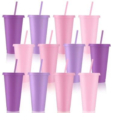 Imagem de Skylety 12 peças de copos de plástico rosa lavanda com tampas e canudos 680 g copo reutilizável grande caneca de viagem, café, bebidas, suprimentos de festa para Natal, casamento, noiva, chá de bebê