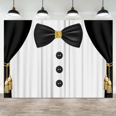 Imagem de ASDCXZ Pano de fundo de smoking de cavalheiro de 1,5 x 0,9 m para festa de aniversário, cortinas pretas, botões, branco, gravata borboleta para chá de bebê, faixa para decoração de dia dos pais