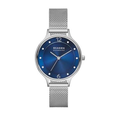 Imagem de Skagen Relógio feminino Anita Lille com três ponteiros prata de aço inoxidável (modelo: SKW2307), Azul/prata, Movimento de quartzo