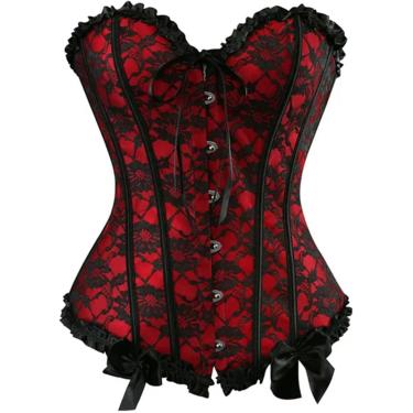 Imagem de Espartilho Preto Espartilhos Femininos Com Acabamento Floral E Cadarço Espartilho Overbust Cintura Cincher Bustier Vintage, Red, S