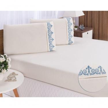 Imagem de Jogo Lençol Quarto Casal King Bordado 3 Peças Palha Com Azul