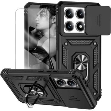 Imagem de Capa para Xiaomi 14T Pro Capinha | com 2 peças de protetor de tela temperado com janela deslizante da câmera e suporte para telefone incluídos - Preto