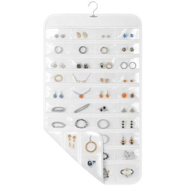 Imagem de Okxiri Organizador de joias suspenso para armário com gancho giratório, 43 x 76 cm, 80 bolsos transparentes, organizador de joias pendurado para joias, brincos, acessórios (3, branco)