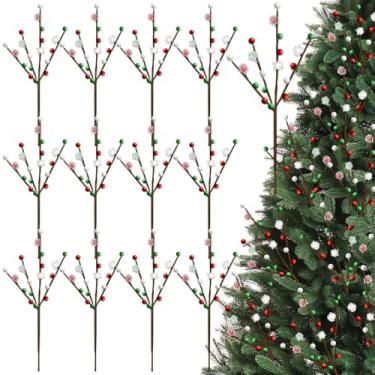 Imagem de Augshy 12 peças de decoração de palitos de árvore de Natal, ramos artificiais de frutas vermelhas verdes e brancas com bolas de contas, enfeites de Natal, caules florais de frutas silvestres para vaso