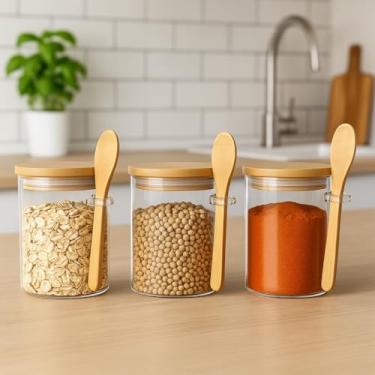 Imagem de Kit 5 Potes Temperos Porta Mantimentos Redondo Condimentos Vidro Hermético Tampa Bambu Colher 245ml(Bambu)