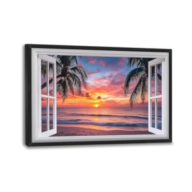 Imagem de Arte de parede costeira, janela praia pôr do sol imagens decoração de parede, impressões em tela de coco oceano, pintura de paisagem tropical, arte emoldurada grande para sala de estar, quarto