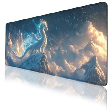 Imagem de Mouse pad dragão gelo, montanhas glaciares, fantasia misteriosa, mouse estendido, bordas costuradas à prova d'água, base de borracha, antiderrapante, tapete de teclado de computador 80 x 30 cm