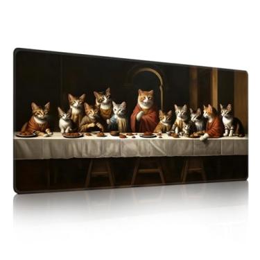 Imagem de Tapete de rato artístico da última ceia, gatos adoráveis em cenário religioso - Tapete de mesa antiderrapante grande para escritório, PC, laptop - 90 x 39,9 x 3 mm