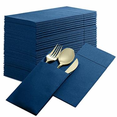 Imagem de Guardanapos de jantar descartáveis com sensação de linho com bolso embutido para talheres, pacote com 50 panos pré-dobrados azul-escuro como guardanapos de papel para jantar, casamento ou festa
