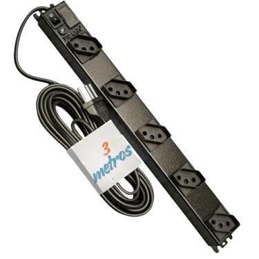Imagem de Extensão Filtro de Linha Metálico Régua com 5 Tomadas 10A 2P+T, Fusível, LED Indicador, Chave ON/OFF e Corpo Metálico – (Cabo 3M)