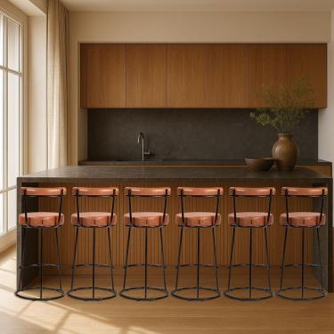 Imagem de Banqueta Alta Cozinha 70cm Encosto Industrial Aço Kit 6 Ziria Pu S02 - D'rossi Caramelo