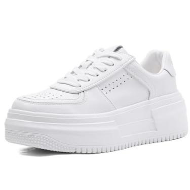 Imagem de Amtopiyo Tênis feminino branco com sola grossa casual com cadarço, Branco, 33