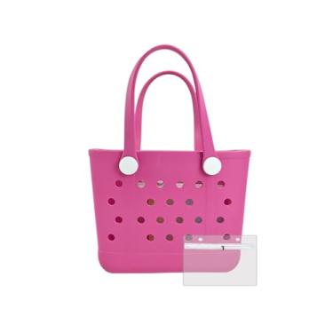 Imagem de Pequena bolsa de praia de borracha – bolsa de viagem impermeável, lavável, bolsa aberta para praia, piscina, barco, esportes, Vermelho rosa, Medium