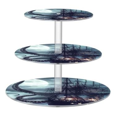 Imagem de Blueangle Suporte redondo de cupcake de 3 camadas – torre de sobremesa acrílica de navio pirata, suporte de sobremesa em camadas antiderrapante para chá de bebê, aniversário, festa de casamento (54)