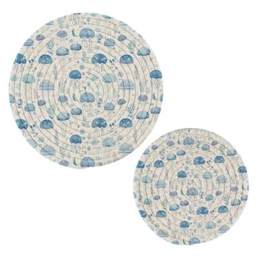 Imagem de Blueangle Pacote com 2 lindos trivets de água-viva azul para pratos quentes - suportes de panela resistentes ao calor, almofadas quentes trançadas e porta-copos - Tapetes de mesa duráveis para