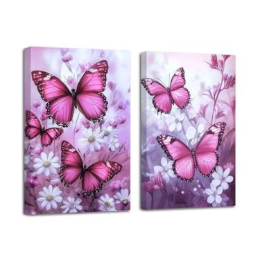 Imagem de LZIMU Quadro de borboleta decoração de parede fantasia meninas arte de parede 2 peças borboletas com flores impressões de pintura floral rústica arte emoldurada (rosa, 30 x 40 x 2 peças)