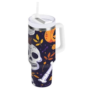 Imagem de STAYTOP Copo de caveira de abóbora de 850 g com tampa e canudo, copo isolado de aço inoxidável durável à prova de vazamento com alça, garrafas de água à prova de derramamento para viagens