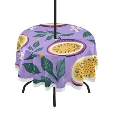 Imagem de CEBUGI Toalha de mesa redonda para uso ao ar livre, maracujá, impermeável, com furo Umberlla, capa de mesa lavável para pátio, cozinha, sala de jantar, 152 cm
