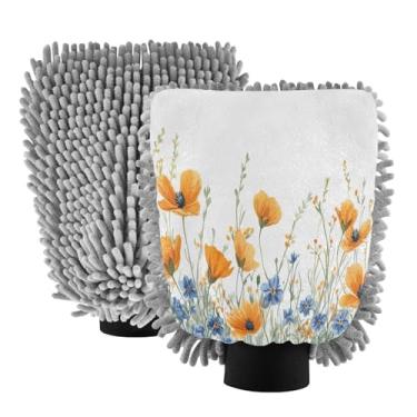 Imagem de CEBUGI Luvas de lavagem de carro com flores azuis laranja pacote com 2 luvas de microfibra sem arranhões para carros, caminhões, SUVs e mais