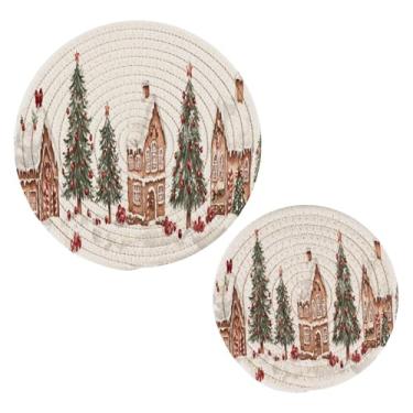 Imagem de Wassud Conjunto de trivet de casa de gengibre em aquarela para pratos quentes, suportes redondos de algodão, almofadas quentes, porta-copos elegantes, decoração de cozinha e acessórios, 2 peças