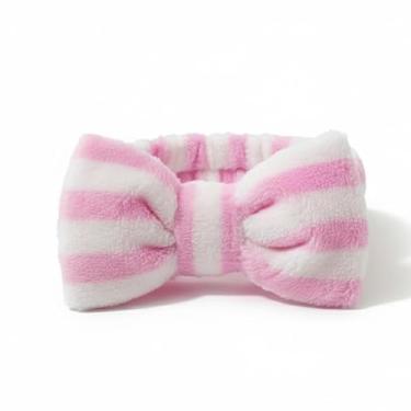 Imagem de Faixa Tiara Para Maquiagem Skin Care Tiara Para Cabelo com Laço Lavar o Rosto (Rosa Claro/Branco, Listrado)