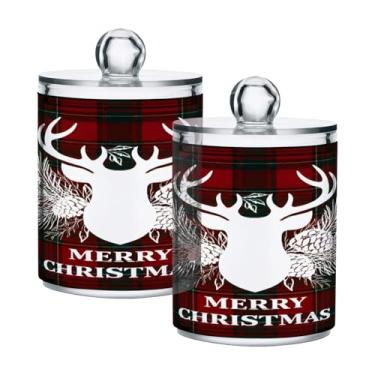 Imagem de STAYTOP 2 frascos de boticário Qtip para banheiro com etiquetas – Recipiente de armazenamento Qtip de plástico transparente para bola de algodão, cotonete, grão de café e rena de Natal