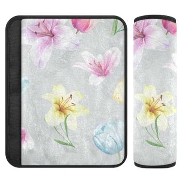 Imagem de Burbuja Capa para cinto de segurança de carro em aquarela lírios tulipas protetor de cinto de segurança de carro macio confortável para alça de ombro de assento, 1 par pequeno