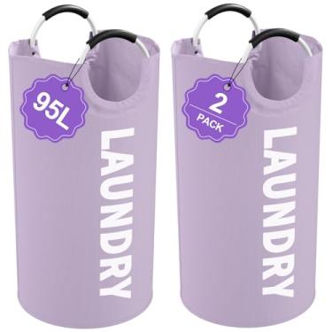 Imagem de IHOMAGIC Pacote com 2 cestos dobráveis de 95 L para estudantes, cesto de roupa suja grande com alças, cesto de roupa suja portátil, cesta Storgae de tecido Oxford 600D para banheiro, dormitório, roxo