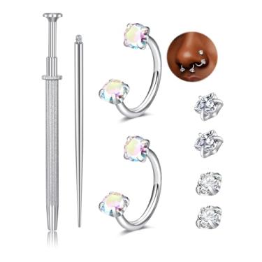 Imagem de QWALIT Anel de nariz de ferradura de prata 18 g com pino duplo para sapato de cavalo argola para mulheres aço cirúrgico meio tragus brinco lábio hélice piercing joias anéis de septo 8 mm bola de septo