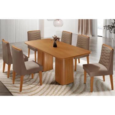 Imagem de Sala Jantar Mesa Maldivas Tampo Curvo 180cm+6 Cadeiras Maldivas Madeira Naturale - Capuccino/Suede Capuccino - Rufato