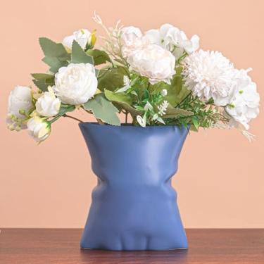 Imagem de Vaso de cerâmica azul, vaso decorativo moderno em forma de travesseiro para flores frescas e falsas, design curvo exclusivo para sala de estar, quarto, escritório, presente de decoração de casa