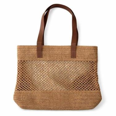 Imagem de Bolsa de Praia Feminina Grande Espaçosa Estilo Verão Palha Cor:Caramel
