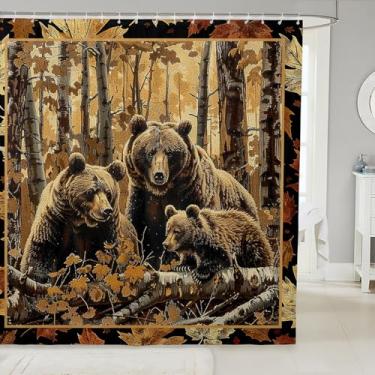 Imagem de Cortina de chuveiro decorativa para a família de ursos em tecido de poliéster impermeável, animais selvagens, decoração de casa de banho, cortina suspensa com ganchos 182 x 182 cm, lavável na máquina