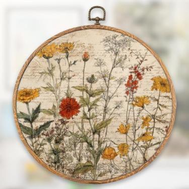 Imagem de XFN Decoração de arte de parede redonda de flores silvestres de paisagem vintage, decoração de parede floral de flores boho, impressões de arte botânicas neutras modernas para decoração de casa, sala