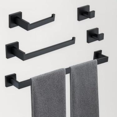 Imagem de Kit 5 Acessórios Para Banheiro Lavabo Luxo 5 Peças Acabamento Fosco Aço Inoxidável Conjunto de para Toalheiro de Banheiro 60CM Barra de Toalha de Banheiro Preto Instalação de Perfuração
