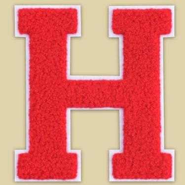 Imagem de QianSiLi Remendos de letras universitárias de chenille vermelho de 15 cm, letras grandes para jaquetas Letterman, moletons com capuz, mochilas, coletes, roupas, adesivos individuais da letra H