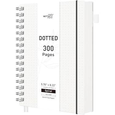 Imagem de RETTACY Caderno de diário pontilhado, 300 páginas, tamanho médio A5 (14 cm × 21 cm), papel grosso de 100 g/m2, capa de plástico flexível, encadernado em espiral, para registro de balas, planejamento