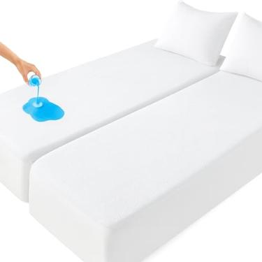 Imagem de Protetor de colchão à prova d'água (2 peças) – King Size dividido para cama ajustável – Estilo elástico de 38 cm de profundidade – Superfície 100% algodão felpudo – Capa de colchão 100% impermeável