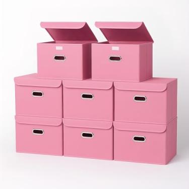 Imagem de STOREONE Caixotes de armazenamento de tecido, organizador dobrável, cesta dobrável com tampas e alças de metal, para casa, quarto, armário, 8 peças (rosa)