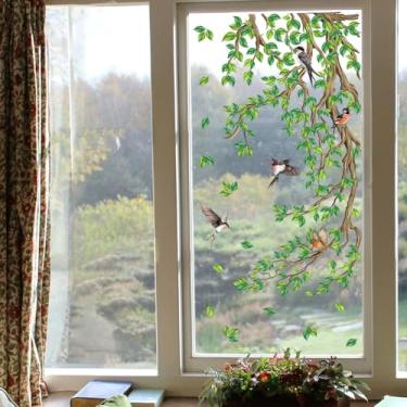 Imagem de 1 peça de adesivos grandes para janela de primavera, plantas, videira floral, folha, pássaro, janela, adesivos, decalques verdes para vidro, sala de aula, escritório, decoração