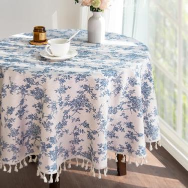 Imagem de LOVOUS Toalha de mesa redonda floral de linho 121 cm – Toalha de mesa azul vintage lavável para refeições internas e externas, restaurante, piquenique, decoração de mesa pastoral