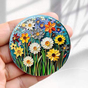 Imagem de Ímã de geladeira vintage design circular flores e grama - 5,8 cm acrílico redondo adesivo de geladeira decoração retrô presente tamanho perfeito para geladeira, armário ou qualquer superfície