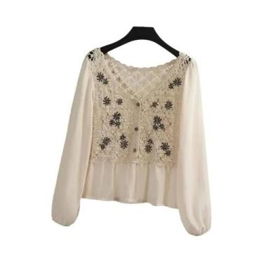 Imagem de Blusa Feminina De Manga Longa Em Crochê Com Bordado De Flor Em Chiffon