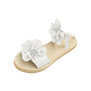 Imagem de Sandálias rasteiras femininas casuais primavera verão praia cor sólida flor bico aberto tira no tornozelo, ideal para uso confortável e versátil, Branco, 35