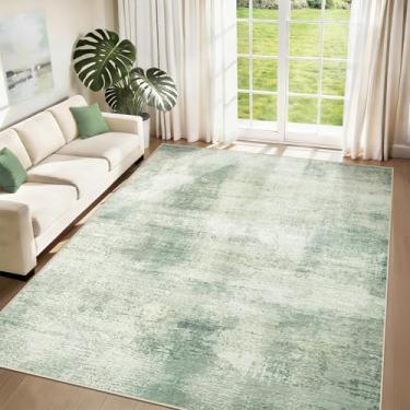 Imagem de Tapetes de área de 15 x 23 cm para sala de estar: tapete lavável, moderno, abstrato, neutro, macio, antiderrapante, tapete interno de pelo baixo para quarto, sala de jantar, cozinha (verde, 1,8 x 2,5